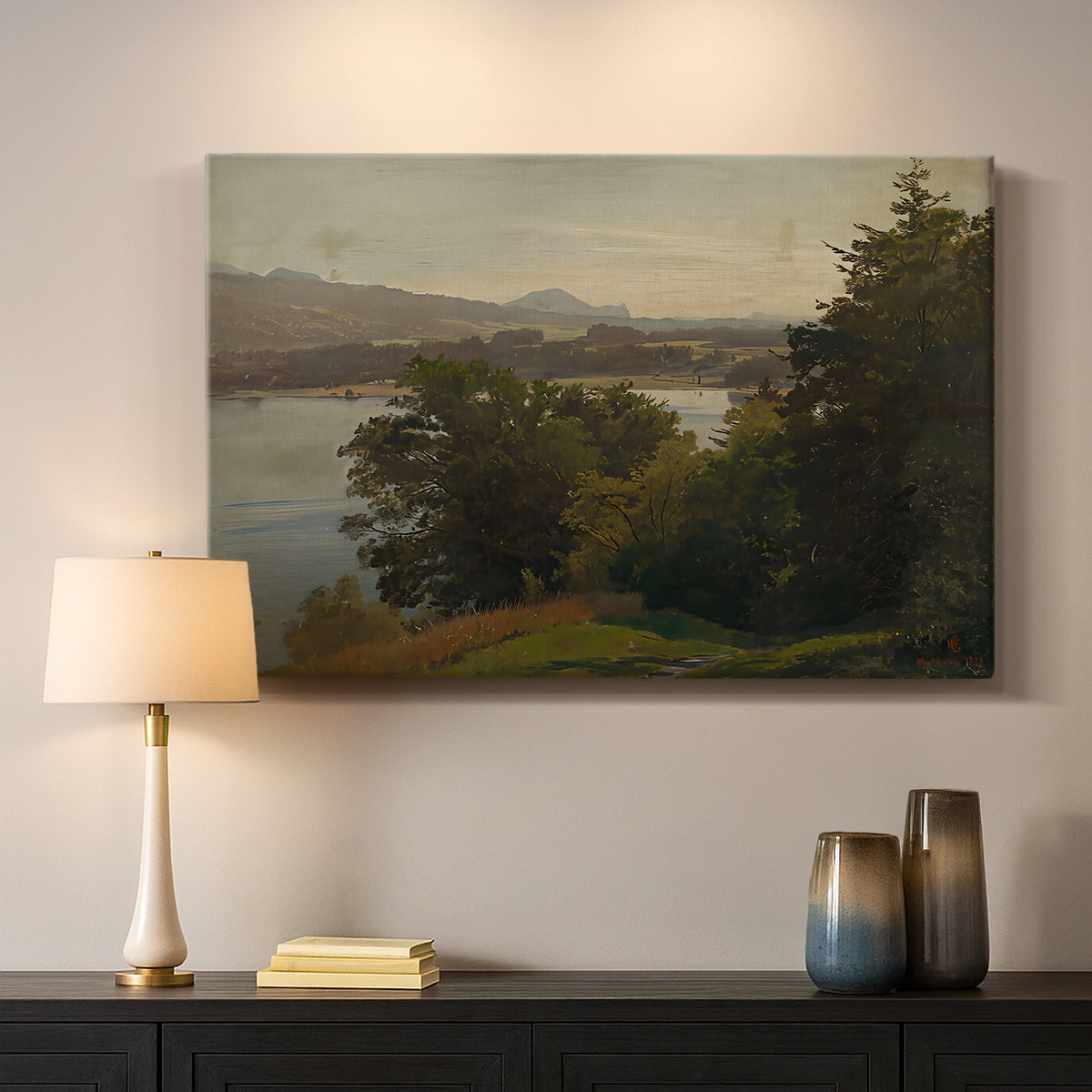 Canvas art print detailing a wide composition with water dominating foreground, mounted in a softly lit interior space