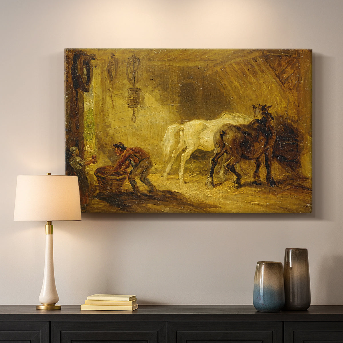 Canvas art print detailing an animal grouping in calm outdoor environment, mounted in a softly lit interior space