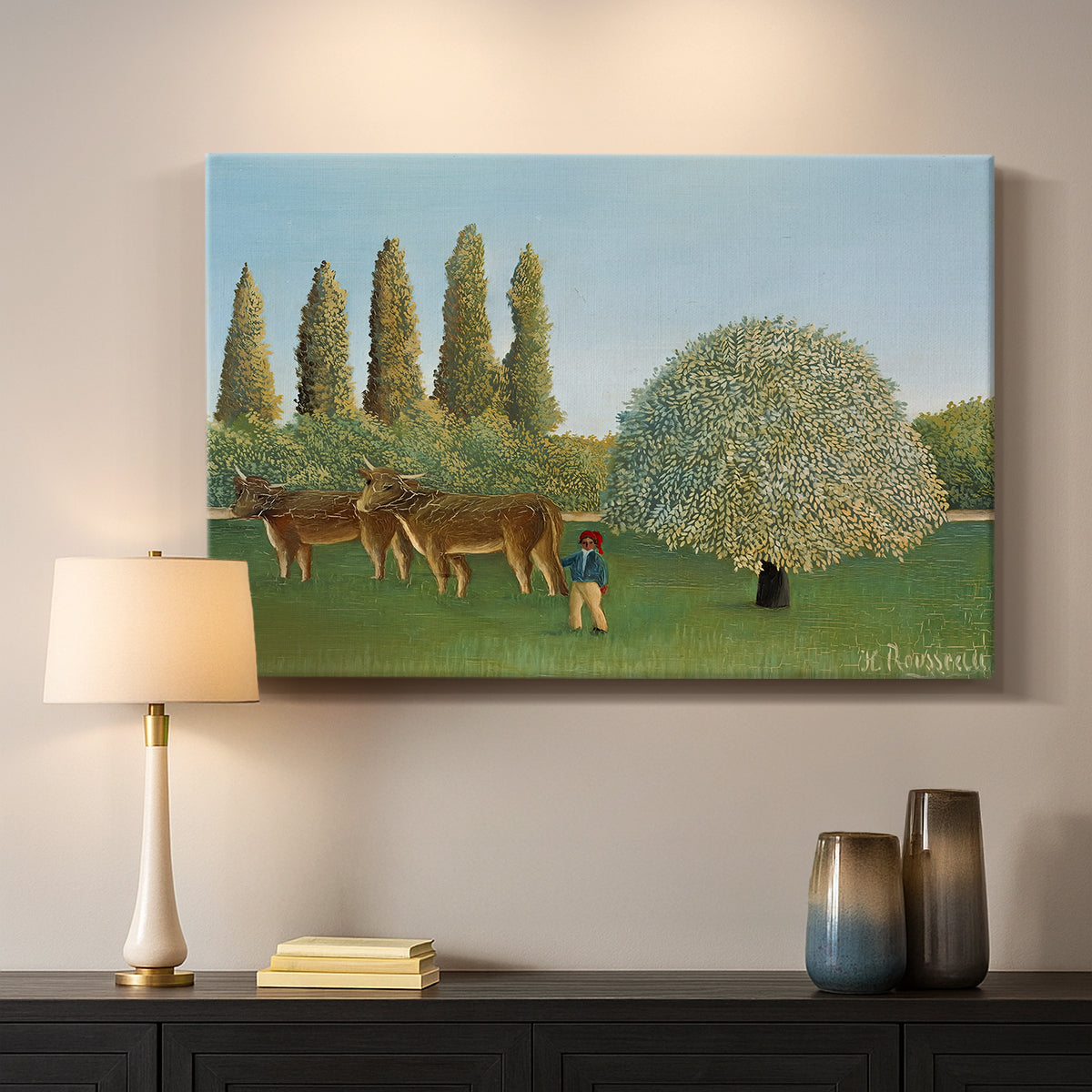 Canvas art print detailing a stylized rural setting with grassland and trees, mounted in a softly lit interior space
