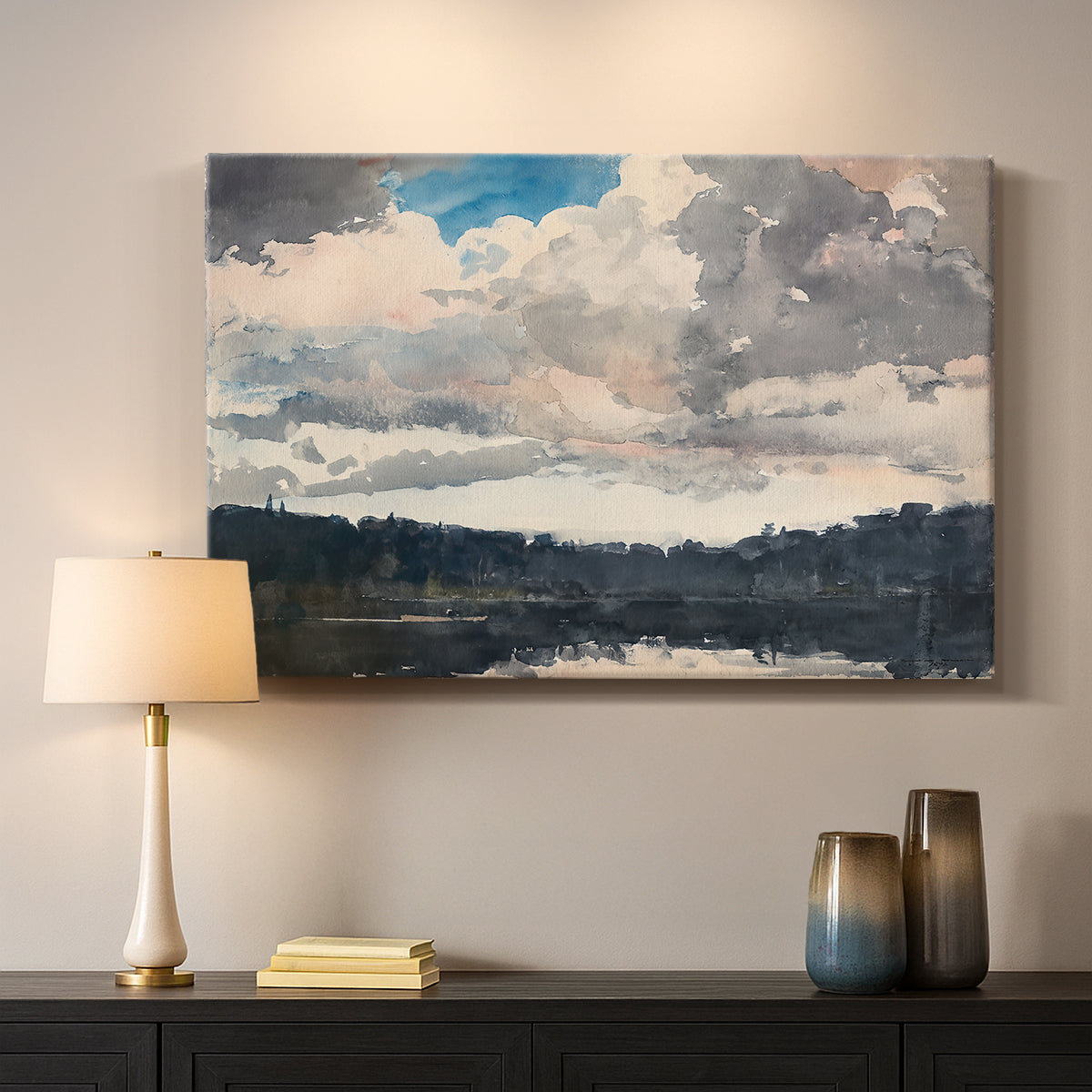 Canvas art print detailing a solitary boat set within natural woodland environment, mounted in a softly lit interior space