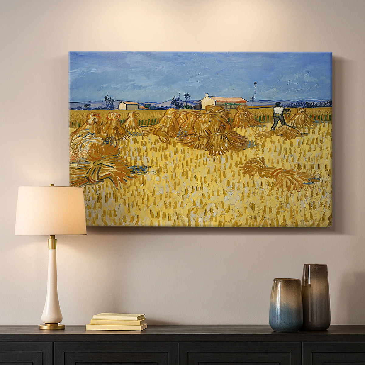Canvas art print detailing a field composition showing harvest stage with grouped crops, mounted in a softly lit interior space
