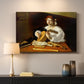 Canvas art print detailing an intimate portrait of musician with still life elements, mounted in a softly lit interior space