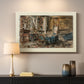 Canvas art print detailing an artistic depiction of workspace with objects and furnishings, mounted in a softly lit interior space