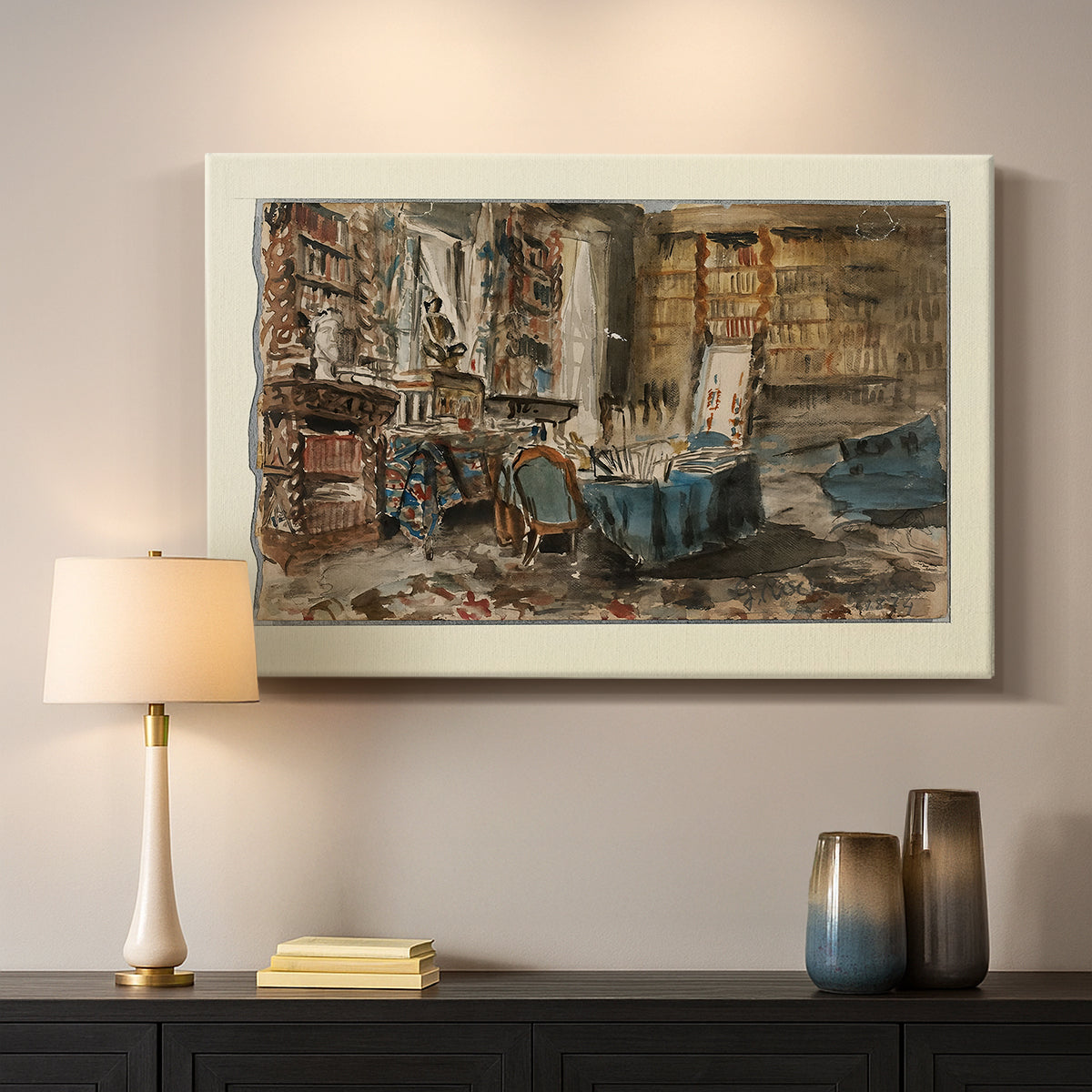 Canvas art print detailing an artistic depiction of workspace with objects and furnishings, mounted in a softly lit interior space