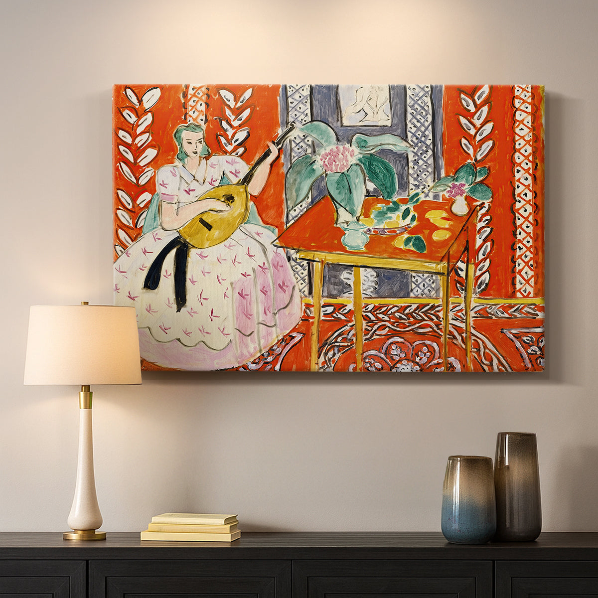 Canvas art print detailing a stylized figure with musical instrument, mounted in a softly lit interior space