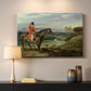 Canvas art print detailing a dynamic rural scene with figures and animals in motion, mounted in a softly lit interior space