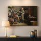 Canvas art print detailing a realistic depiction of artisan at work with tools, mounted in a softly lit interior space