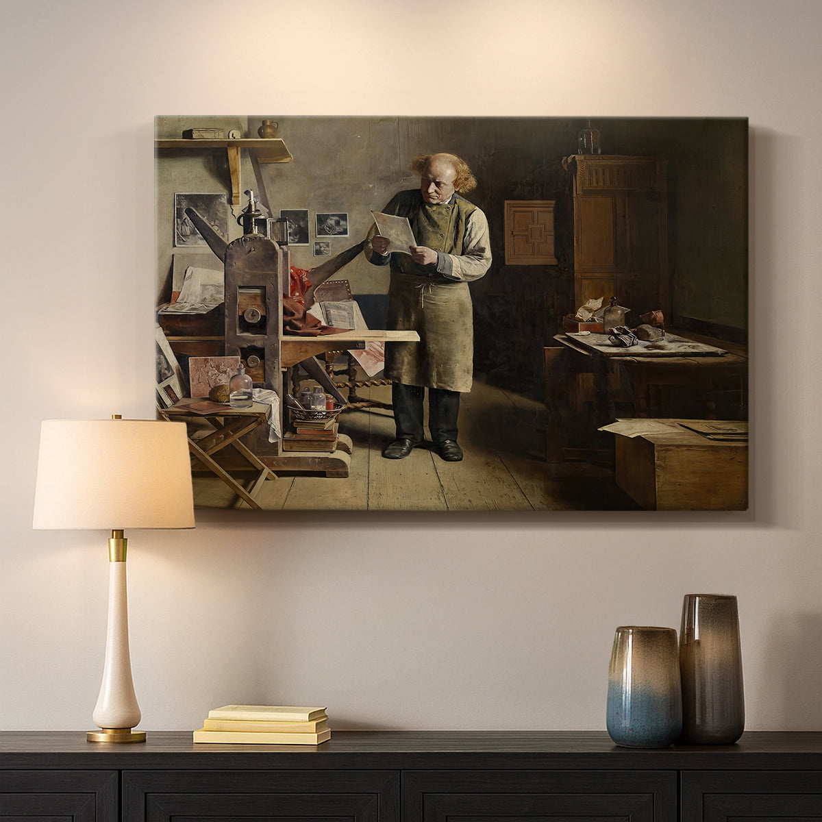Canvas art print detailing a realistic depiction of artisan at work with tools, mounted in a softly lit interior space