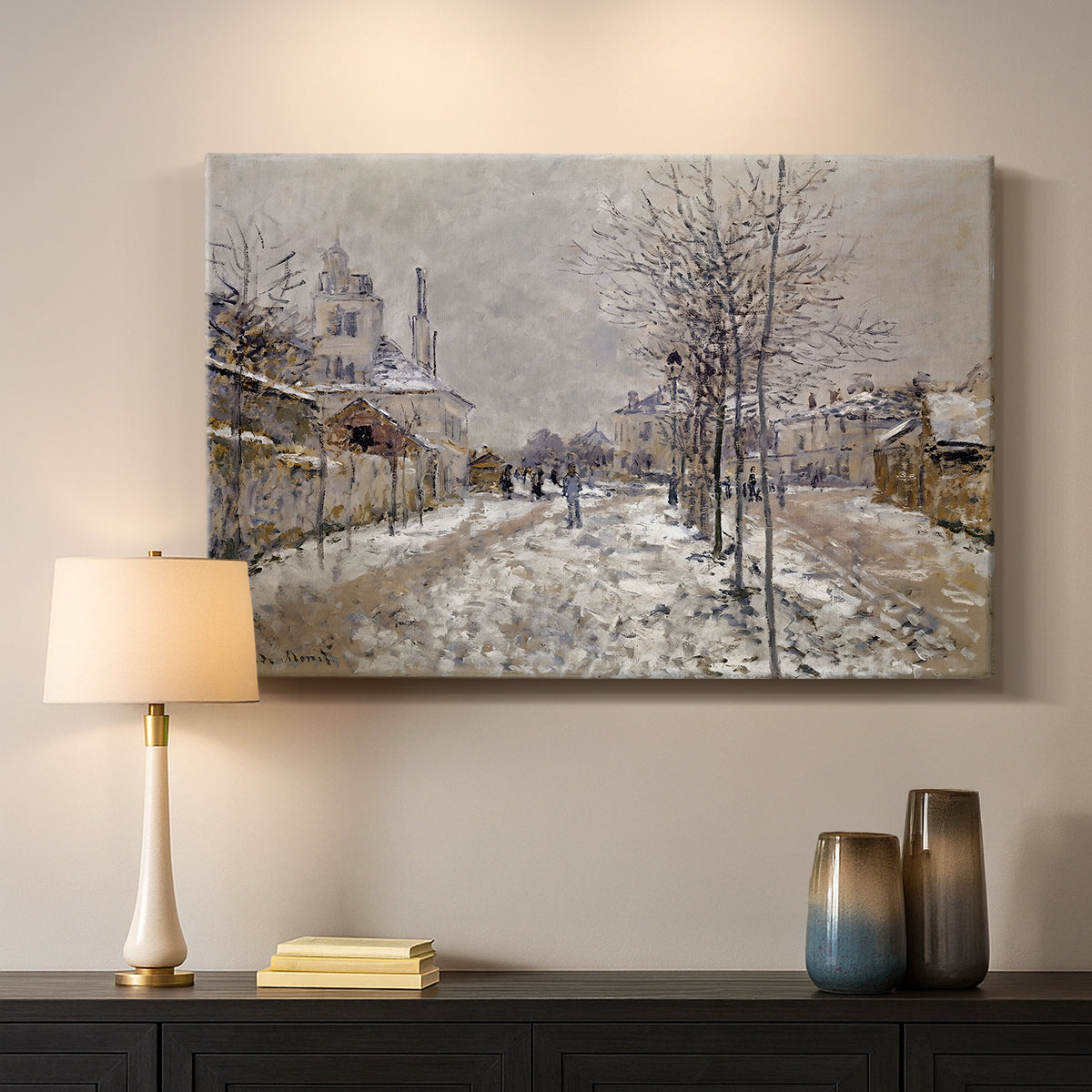 Canvas art print detailing an urban winter landscape with muted tones and soft light, mounted in a softly lit interior space