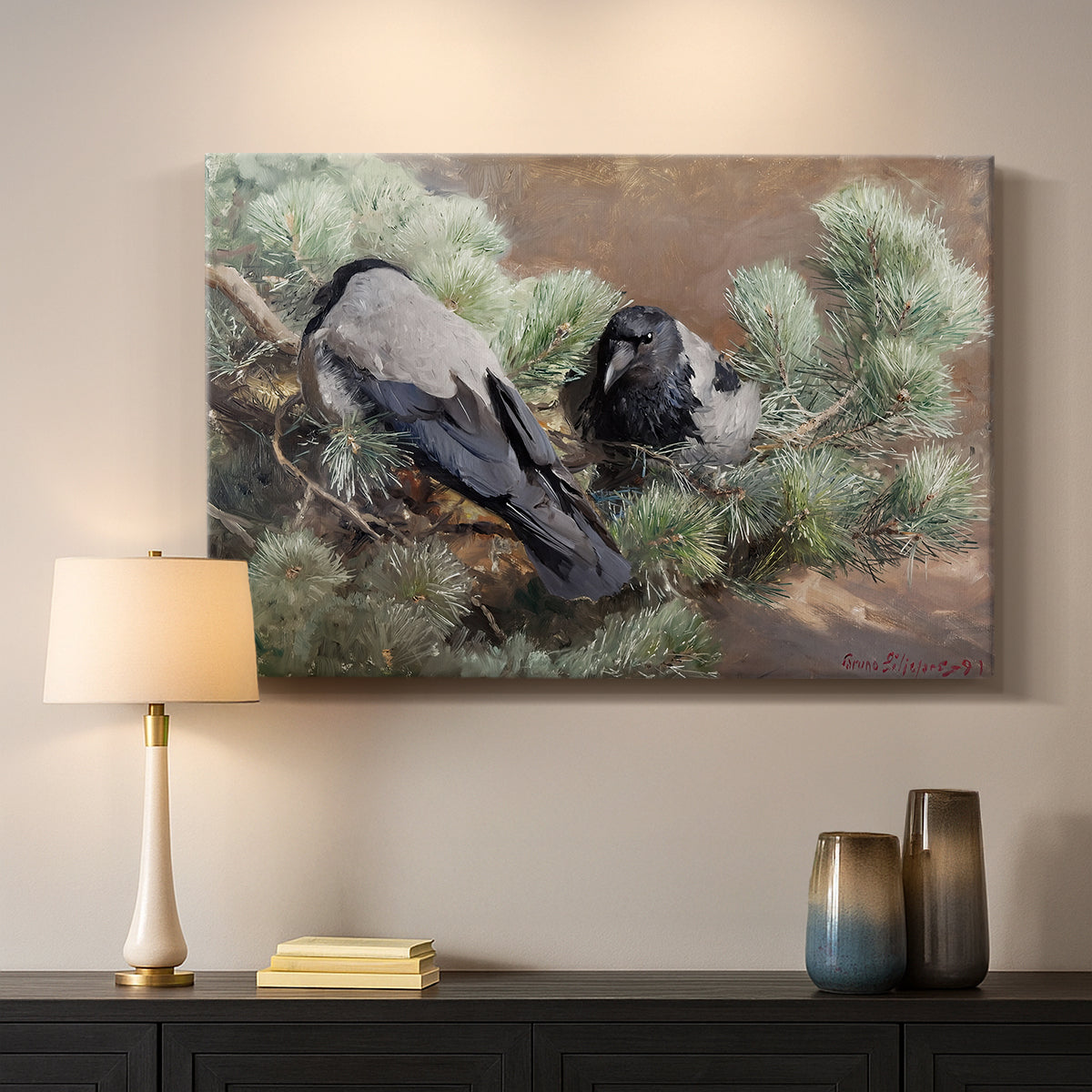 Canvas art print detailing a wildlife painting of dark birds against muted landscape, mounted in a softly lit interior space