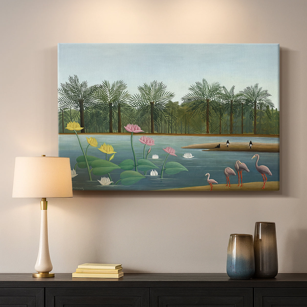 Canvas art print detailing a tropical landscape featuring birds and greenery, mounted in a softly lit interior space