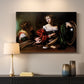 Canvas art print detailing a religious interior scene with figures engaged in thoughtful dialogue, mounted in a softly lit interior space