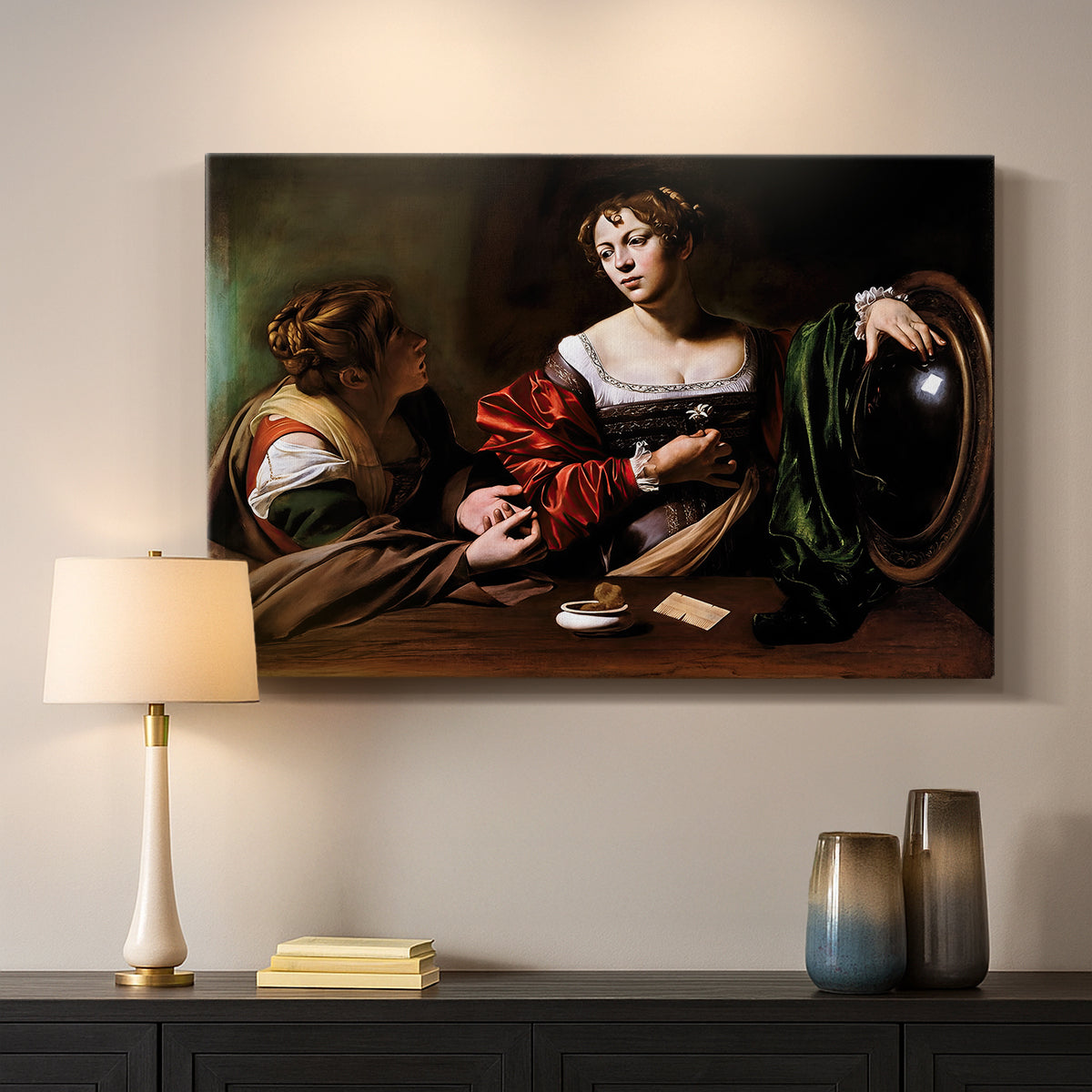 Canvas art print detailing a religious interior scene with figures engaged in thoughtful dialogue, mounted in a softly lit interior space