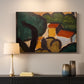 Canvas art print detailing an expressive composition of buildings and vegetation, mounted in a softly lit interior space