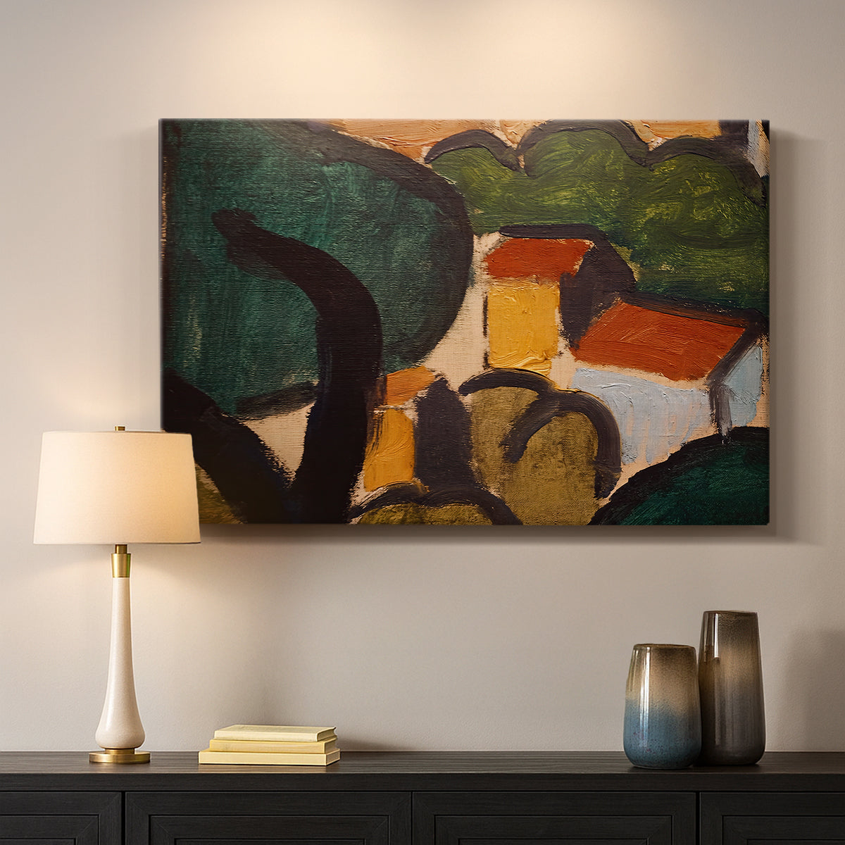 Canvas art print detailing an expressive composition of buildings and vegetation, mounted in a softly lit interior space