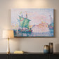 Canvas art print detailing a maritime skyline composition, mounted in a softly lit interior space