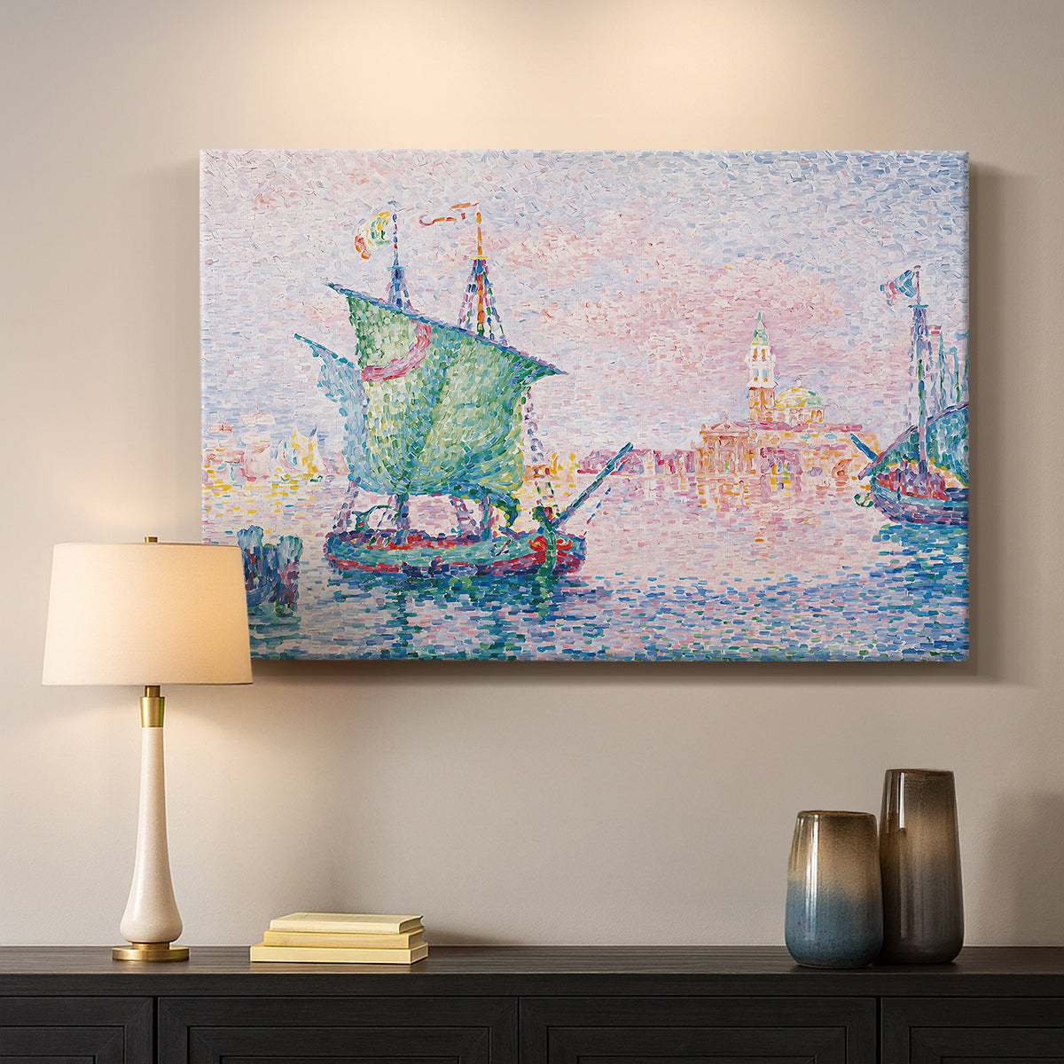 Canvas art print detailing a maritime skyline composition, mounted in a softly lit interior space