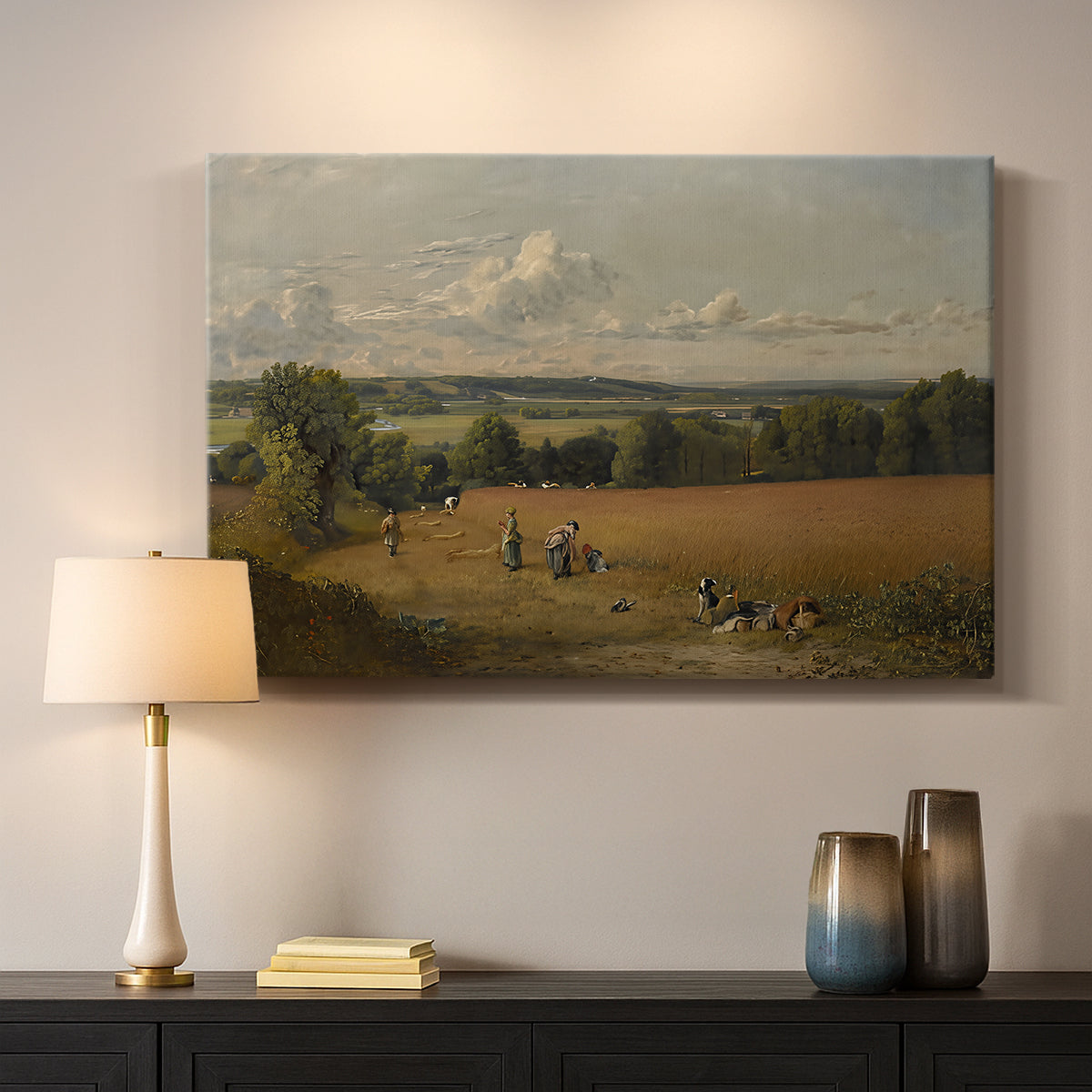 Canvas art print detailing an expressive field composition, mounted in a softly lit interior space
