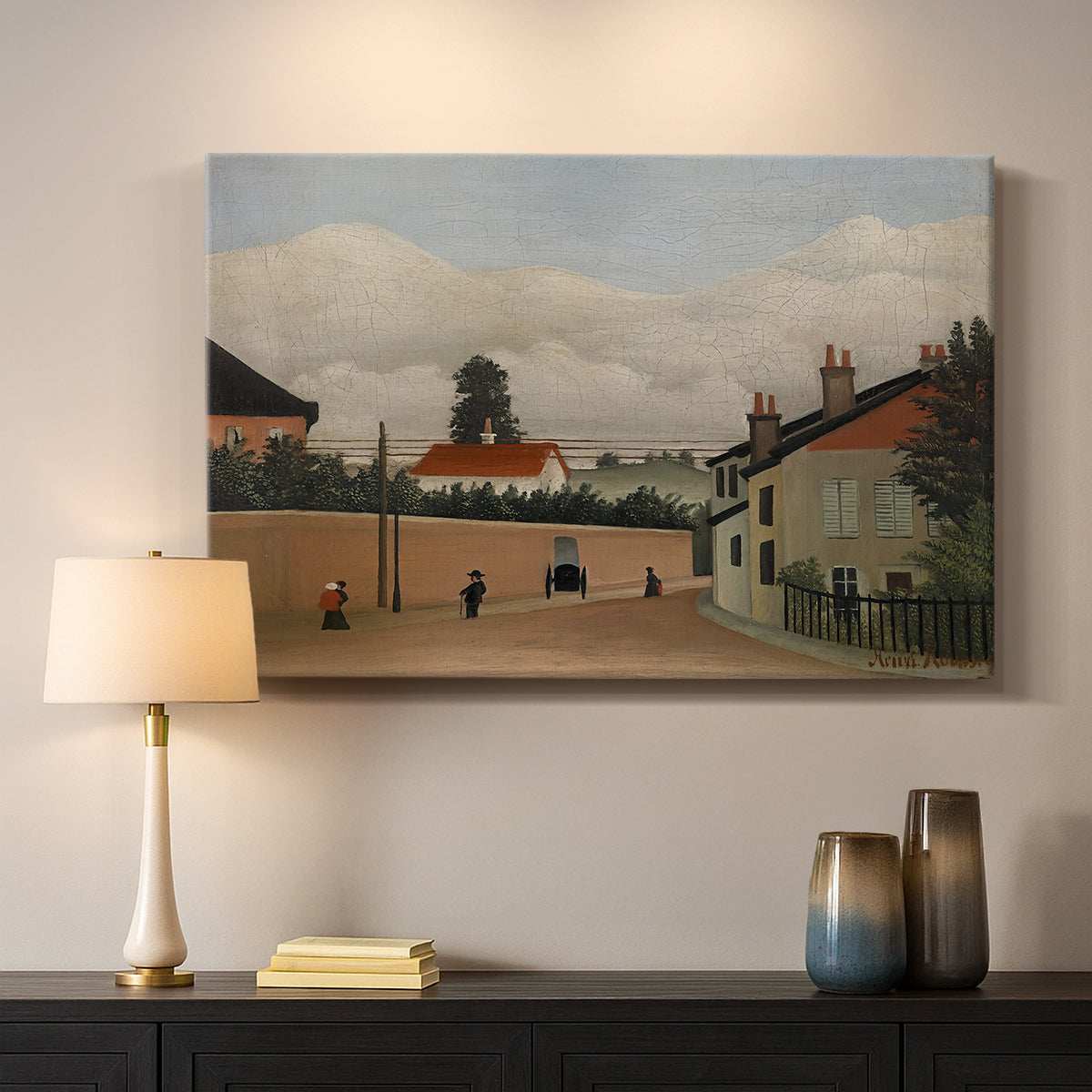 Canvas art print detailing a calm outskirts setting blending structures and nature, mounted in a softly lit interior space