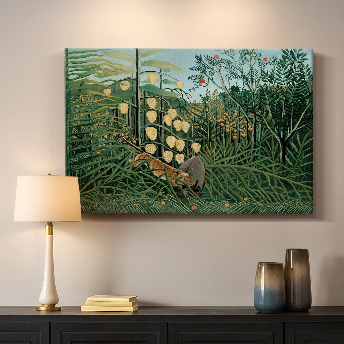 Canvas art print detailing a stylized jungle scene with animals in conflict, mounted in a softly lit interior space
