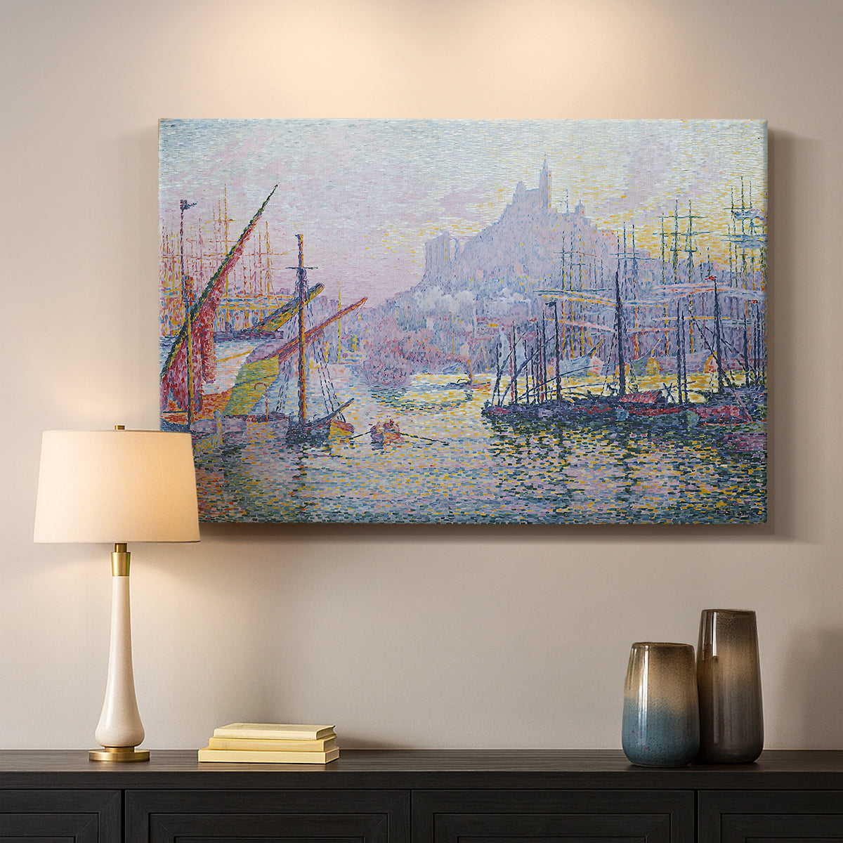 Canvas art print detailing a maritime composition with vessels, mounted in a softly lit interior space