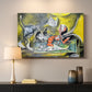 Canvas art print detailing a stylized still life with cat and seafood elements, mounted in a softly lit interior space