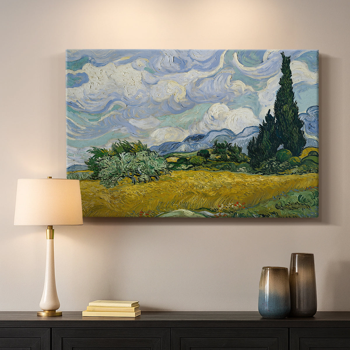 Canvas art print detailing a stylized field composition with bold contrasts, mounted in a softly lit interior space