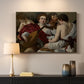 Canvas art print detailing a musical gathering with figures posed closely in soft light, mounted in a softly lit interior space