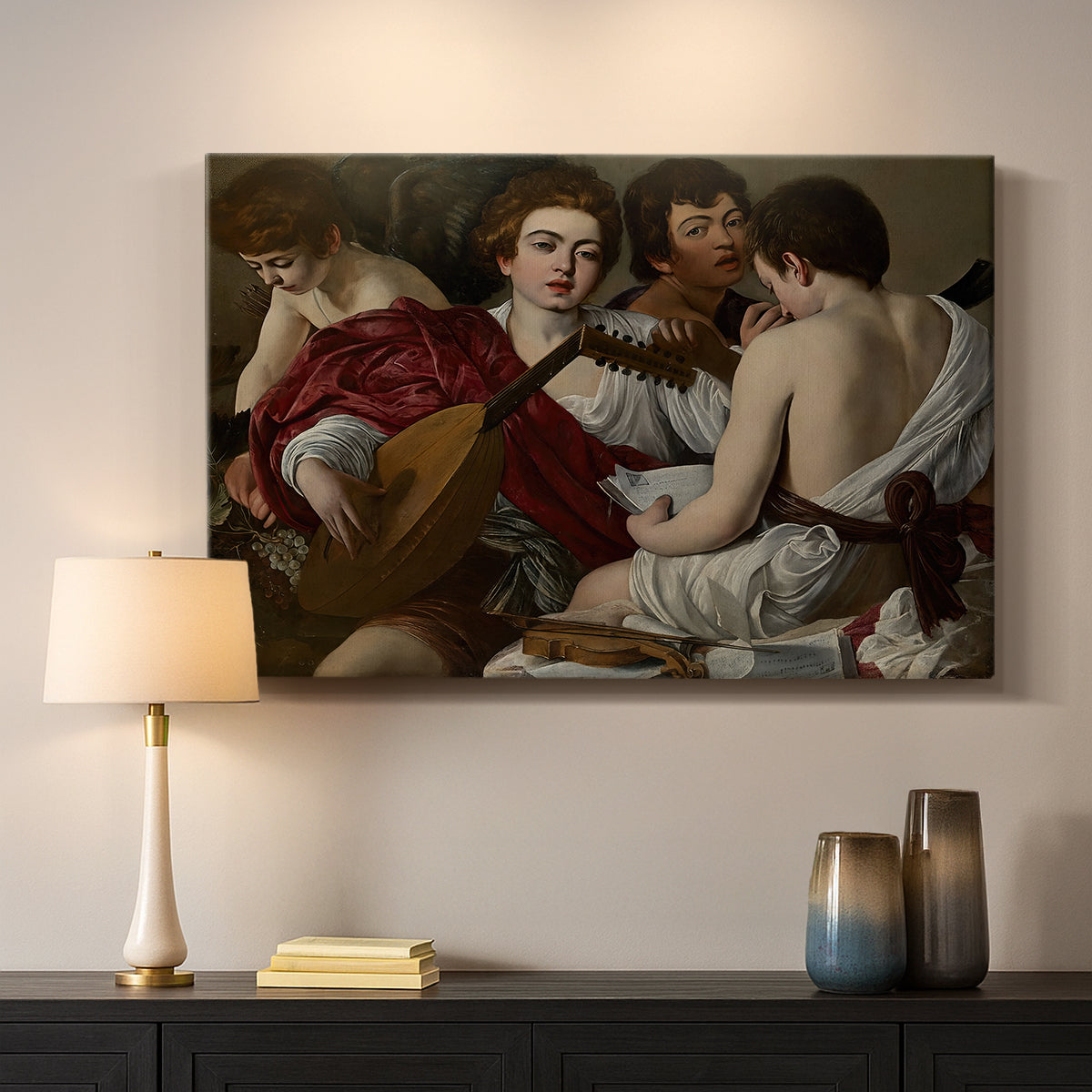 Canvas art print detailing a musical gathering with figures posed closely in soft light, mounted in a softly lit interior space