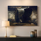 Canvas art print detailing an expansive geological landscape with dramatic elevation, mounted in a softly lit interior space