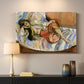 Canvas art print detailing an expressive interior scene with a lounging woman, mounted in a softly lit interior space