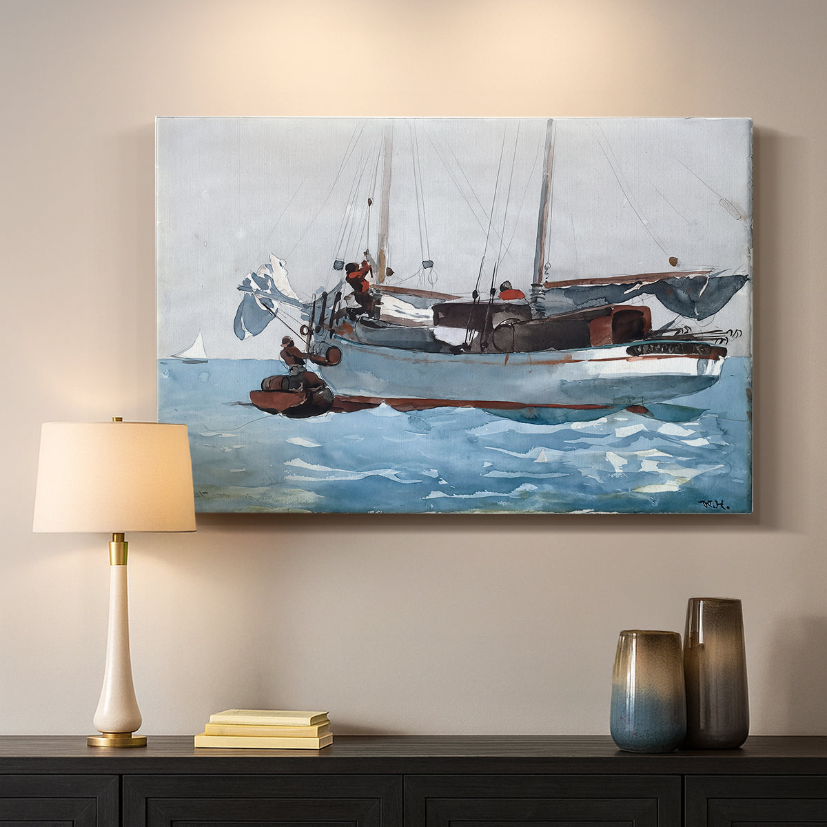 Canvas art print detailing a working vessel scene with people balancing on moving water, mounted in a softly lit interior space