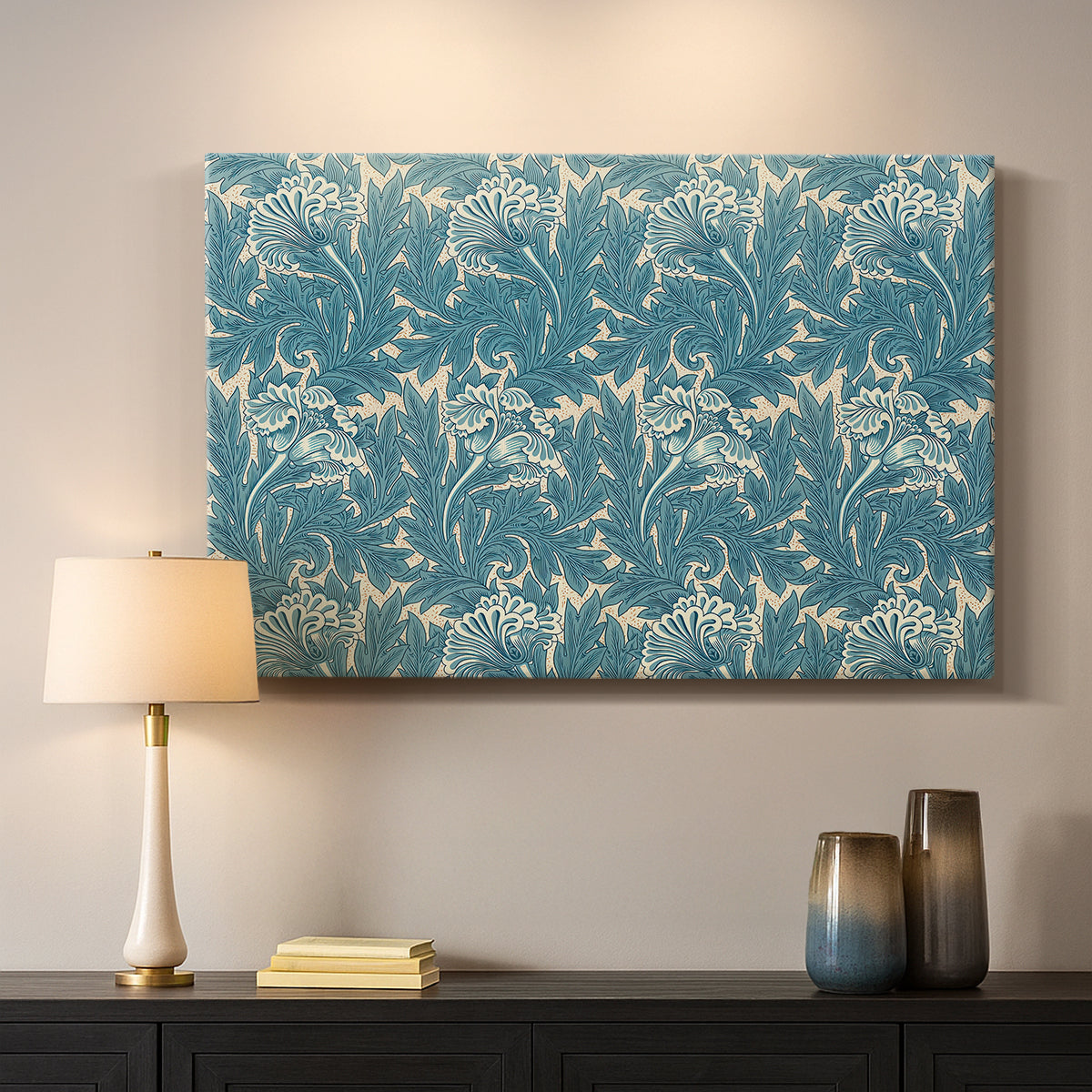 Canvas art print detailing a repeating motif featuring tulips and organic forms, mounted in a softly lit interior space