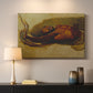 Canvas art print detailing an expressive depiction of conflict between man and animal, mounted in a softly lit interior space