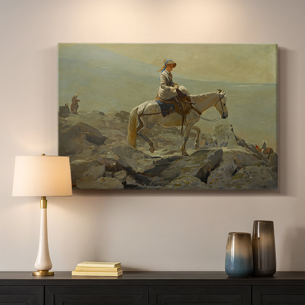 Canvas art print detailing an outdoor scene showing movement through scenic highland path, mounted in a softly lit interior space