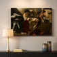 Canvas art print detailing an intense religious composition with strong shadow and physical struggle, mounted in a softly lit interior space