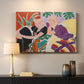 Canvas art print detailing a stylized depiction of a conversation in a colorful room, mounted in a softly lit interior space