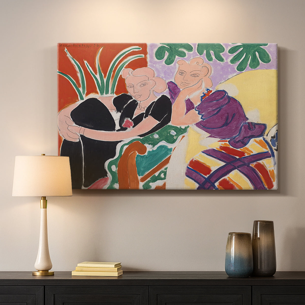 Canvas art print detailing a stylized depiction of a conversation in a colorful room, mounted in a softly lit interior space