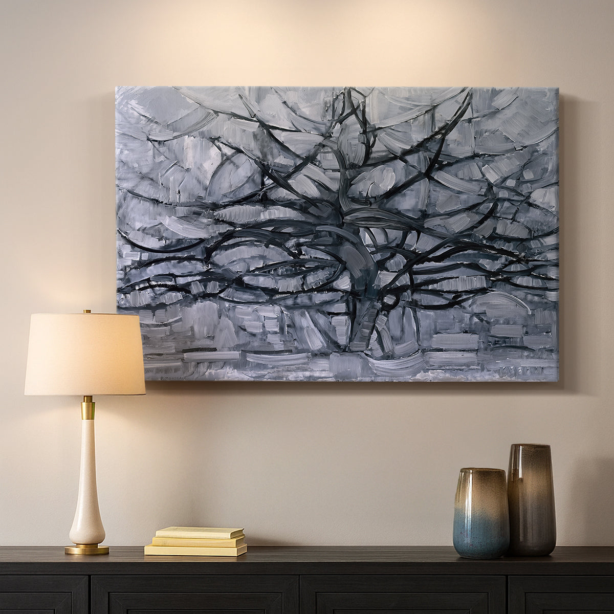 Canvas art print detailing a transitional tree pattern, mounted in a softly lit interior space