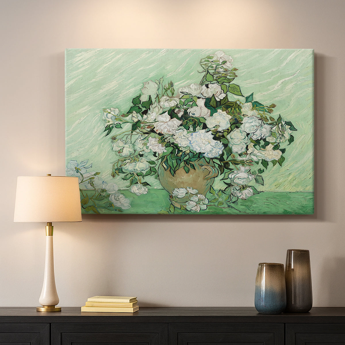Canvas art print detailing a stylized botanical scene with soft tones, mounted in a softly lit interior space