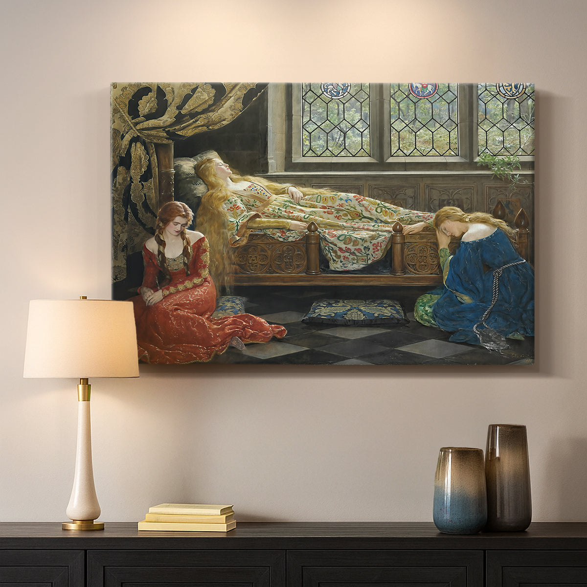 Canvas art print detailing a stylized depiction of resting figure, mounted in a softly lit interior space