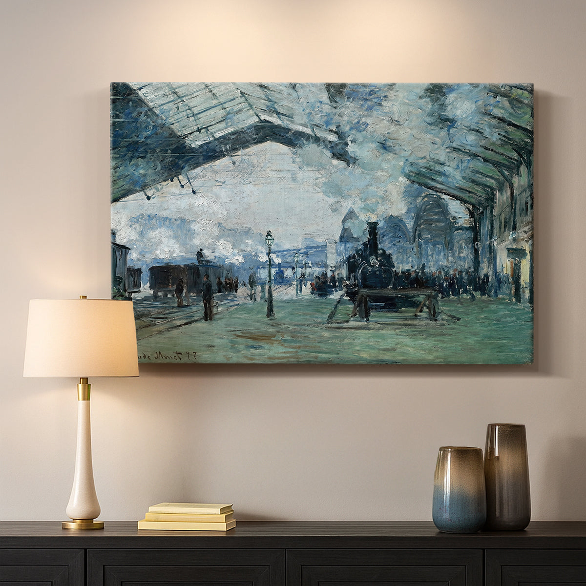Canvas art print detailing a dramatic depiction of industrial space with trains and light, mounted in a softly lit interior space