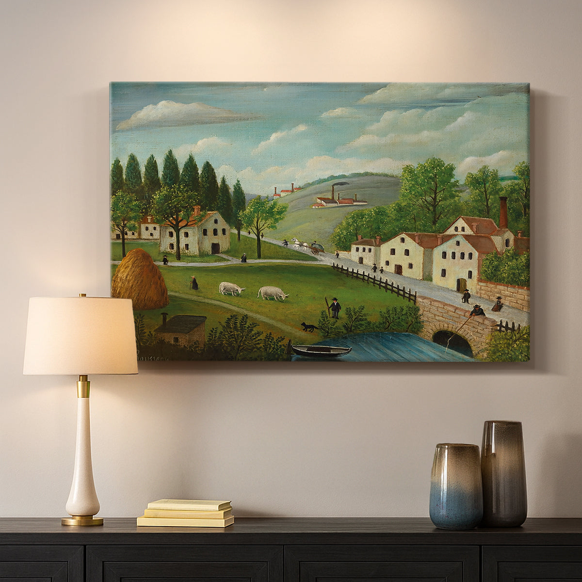 Canvas art print detailing a peaceful landscape combining human activity and nature, mounted in a softly lit interior space