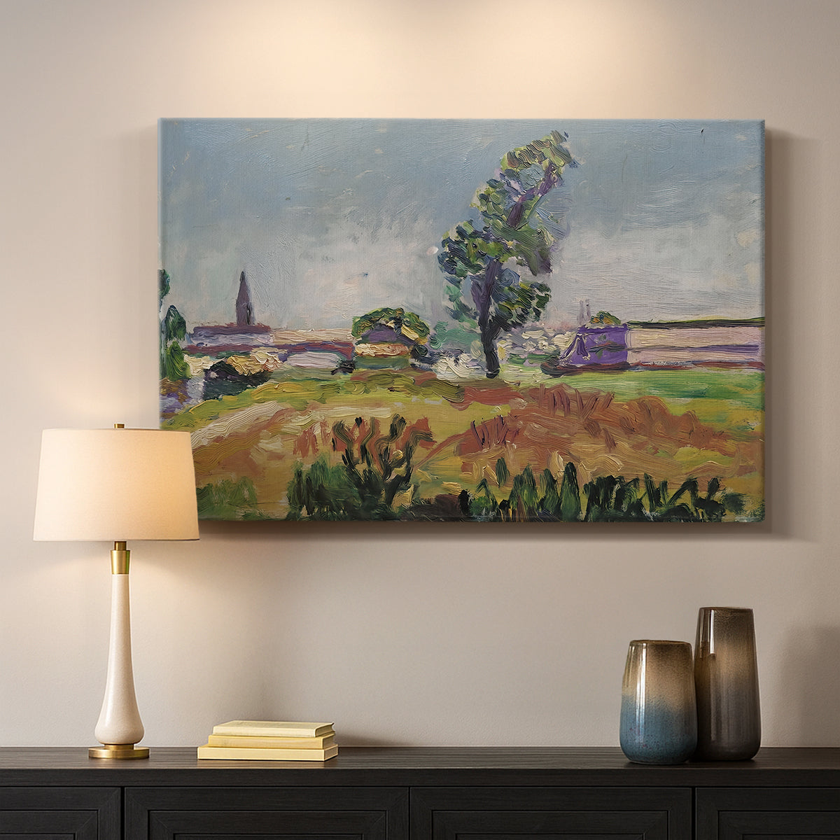 Canvas art print detailing a tranquil outdoor view centered on a bridge in nature, mounted in a softly lit interior space