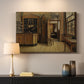 Canvas art print detailing an atmospheric interior with figure in historic inn environment, mounted in a softly lit interior space