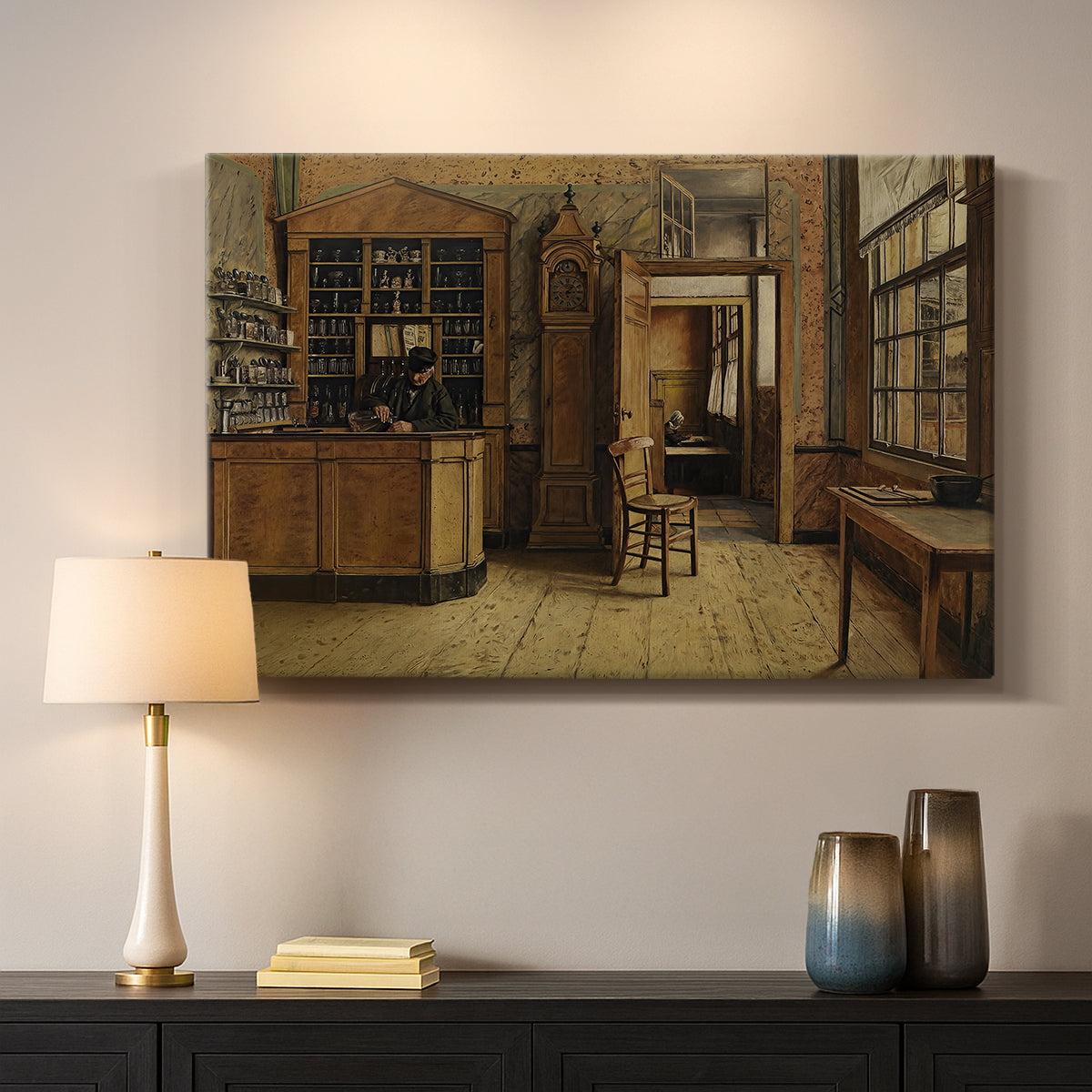Canvas art print detailing an atmospheric interior with figure in historic inn environment, mounted in a softly lit interior space