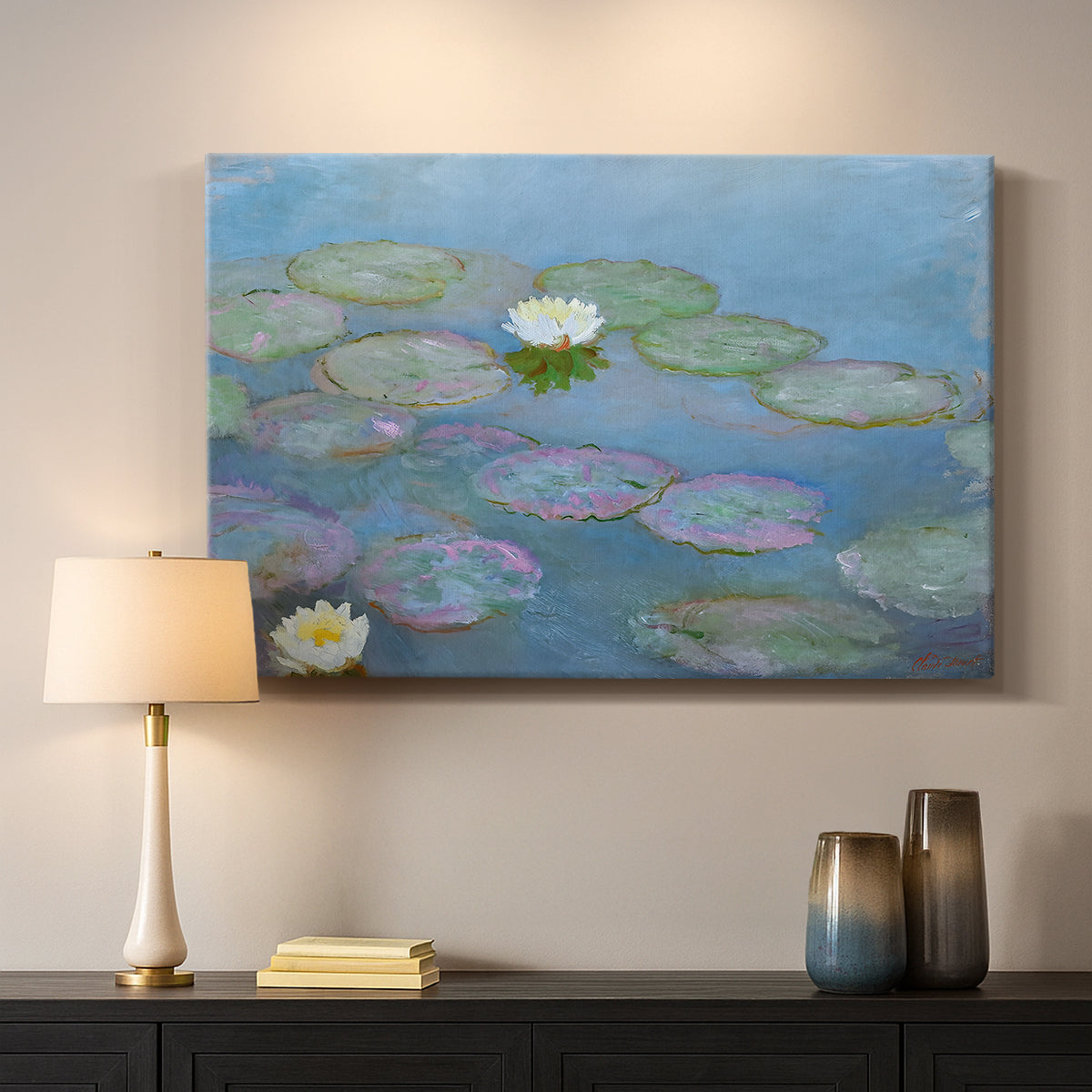 Canvas art print detailing a close-up of aquatic plants in still water, mounted in a softly lit interior space
