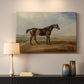 Canvas art print detailing an animal study of racehorse with coastal setting, mounted in a softly lit interior space