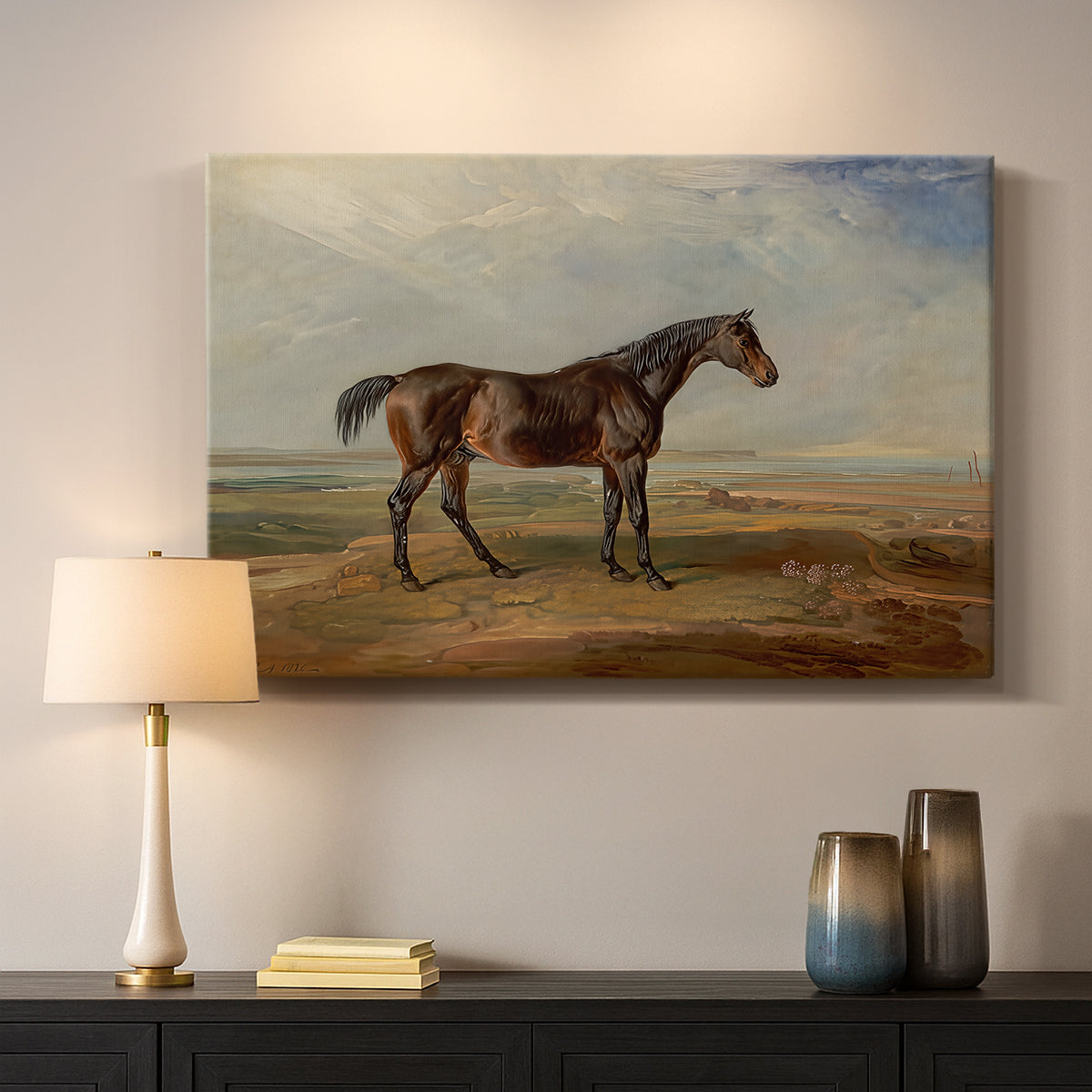 Canvas art print detailing an animal study of racehorse with coastal setting, mounted in a softly lit interior space