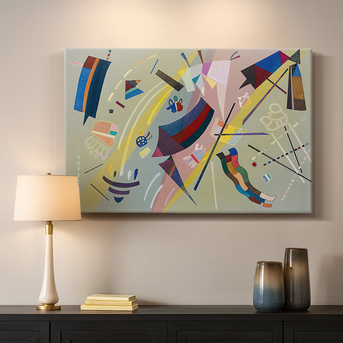 Canvas art print detailing a stylized composition focused on geometry and contrast, mounted in a softly lit interior space